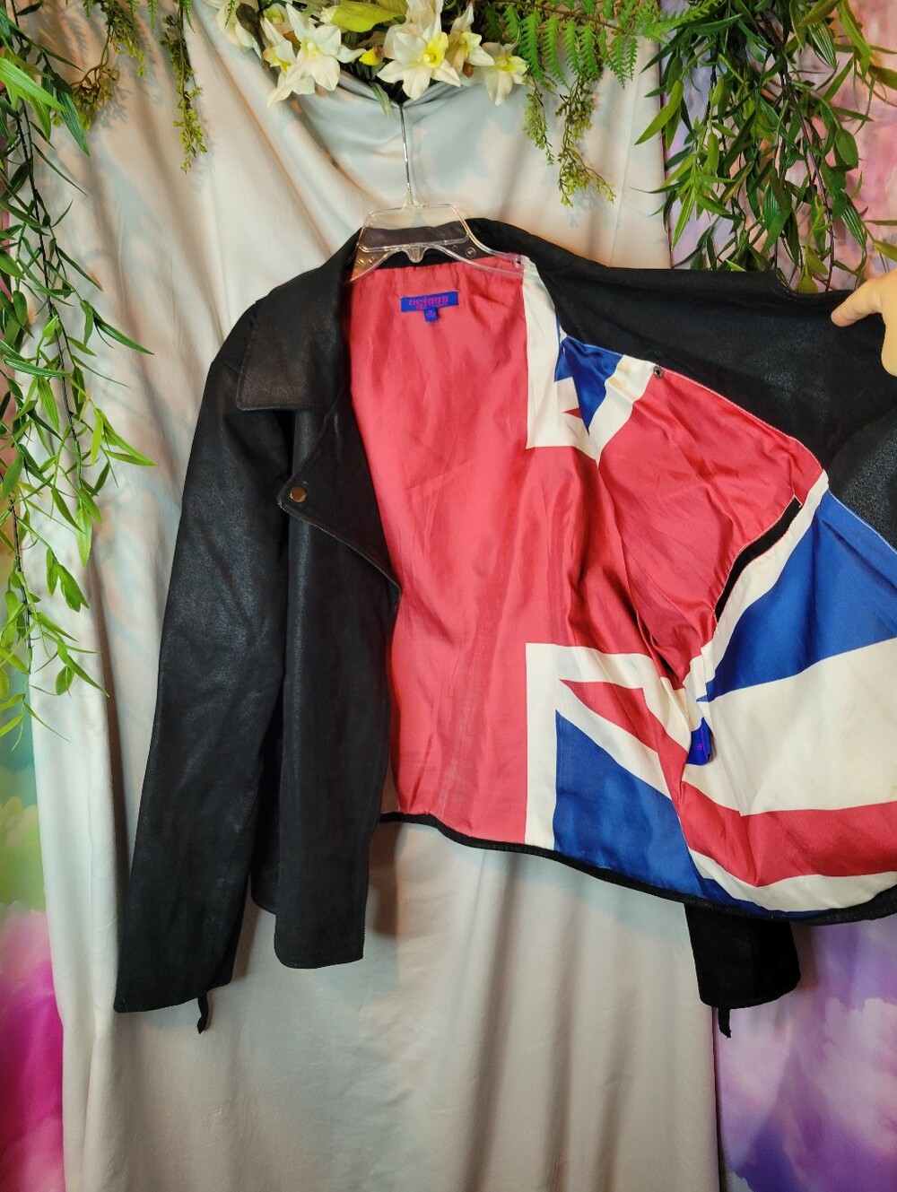 RARE Twiggy LONDON Black Leather Jacket w/ Great Britain Union Lining